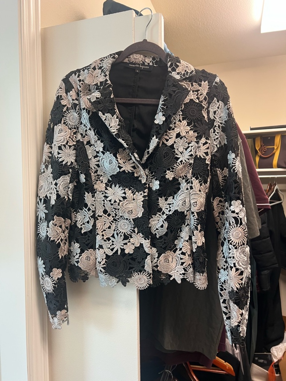 Nanette Lepore Black Jacket with White Floral Lace Appliqué